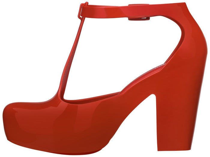 Melissa Peace Block Heel T-Strap Red Sandal for Women – Stylish and comfortable dressy sandals with a modern block heel design.