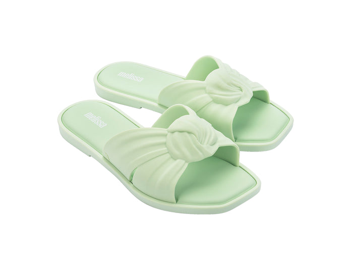 Melissa Plush knot shape green slides for women – stylish casual slipper sandals for summer and everyday wear