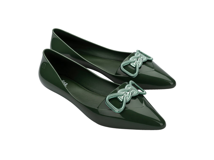 green flat ballerina shoes, pointed ballet flats