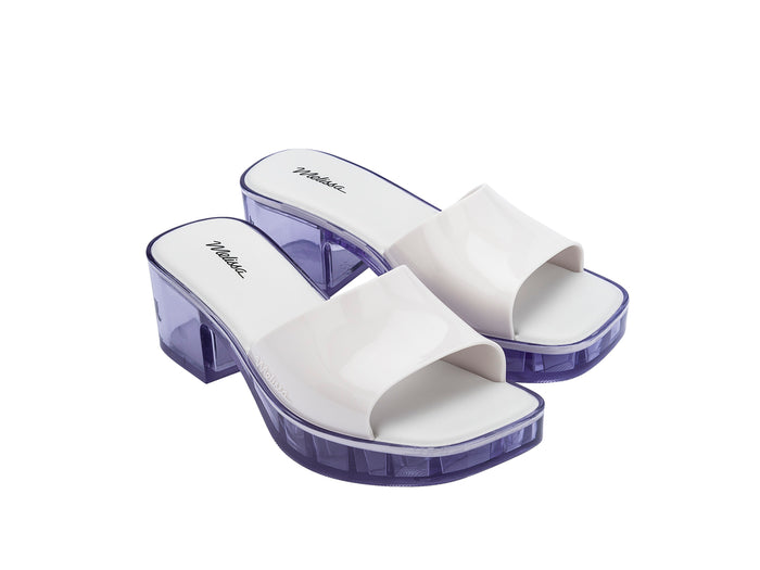Melissa Shape Block Heel Slides White Sandal for Women – Stylish and comfortable white block heel slides perfect for casual and dressy looks.