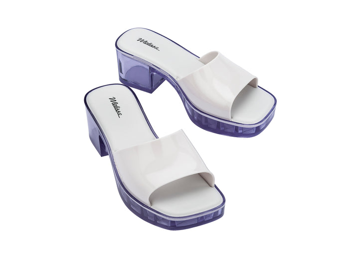 Melissa Shape Block Heel Slides White Sandal for Women – Stylish and comfortable white block heel slides perfect for casual and dressy looks.