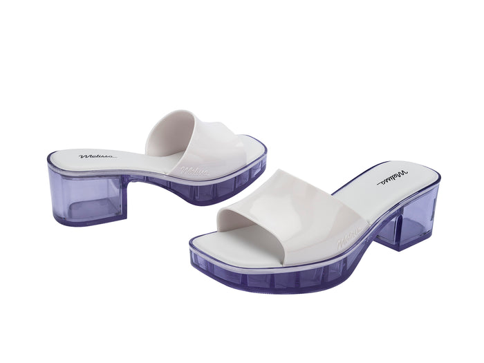 Melissa Shape Block Heel Slides White Sandal for Women – Stylish and comfortable white block heel slides perfect for casual and dressy looks.