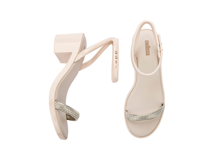 Melissa Shiny Block Heel Strappy Beige Sandal for Women – Stylish beige block heel sandals with elegant straps, perfect for party and casual wear.