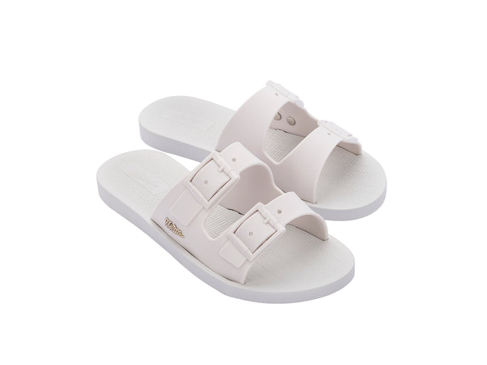 Melissa Sun Oportunidade Birken buckle strap white slides – stylish women’s slip-on sandals for summer, travel, and everyday wear