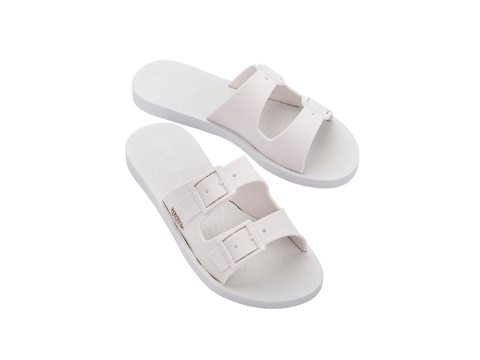 Melissa Sun Oportunidade Birken buckle strap white slides – stylish women’s slip-on sandals for summer, travel, and everyday wear