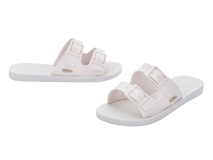 Melissa Sun Oportunidade Birken buckle strap white slides – stylish women’s slip-on sandals for summer, travel, and everyday wear