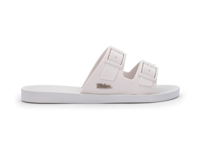 Melissa Sun Oportunidade Birken buckle strap white slides – stylish women’s slip-on sandals for summer, travel, and everyday wear