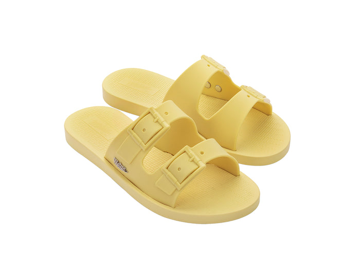 Melissa Sun Oportunidade Birken buckle strap yellow slides – trendy women’s slip-on sandals for summer, travel, and everyday comfort