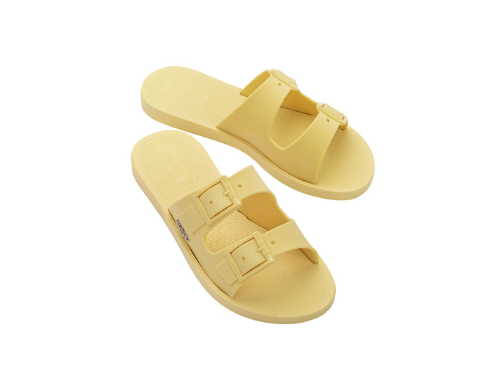 Melissa Sun Oportunidade Birken buckle strap yellow slides – trendy women’s slip-on sandals for summer, travel, and everyday comfort