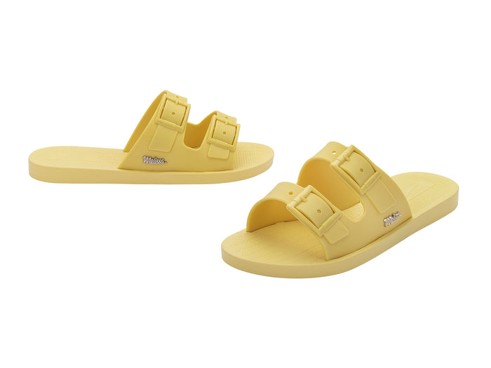 Melissa Sun Oportunidade Birken buckle strap yellow slides – trendy women’s slip-on sandals for summer, travel, and everyday comfort
