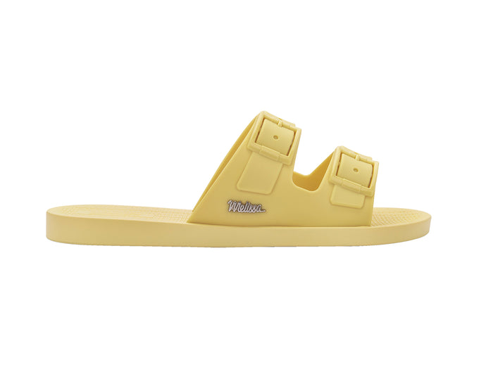 Melissa Sun Oportunidade Birken buckle strap yellow slides – trendy women’s slip-on sandals for summer, travel, and everyday comfort
