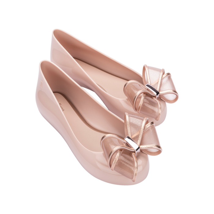 Melissa Sweet Love VI AD Pink Metallic Ballerinas for Women – chic pink flats with metallic bow detail, stylish and comfortable ballerina shoes for casual and party wear