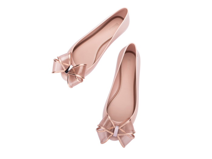 Melissa Sweet Love VI AD Pink Metallic Ballerinas for Women – chic pink flats with metallic bow detail, stylish and comfortable ballerina shoes for casual and party wear