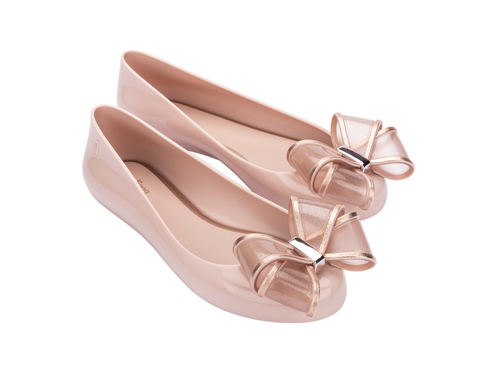 Melissa Sweet Love VI AD Pink Metallic Ballerinas for Women – chic pink flats with metallic bow detail, stylish and comfortable ballerina shoes for casual and party wear