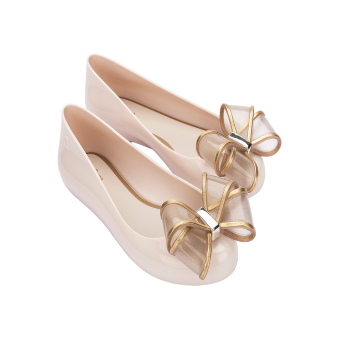 Melissa Sweet Love VI Beige Gold Ballerinas for Women – elegant beige ballerina flats with gold bow detail, comfortable and stylish footwear for daily and party wear