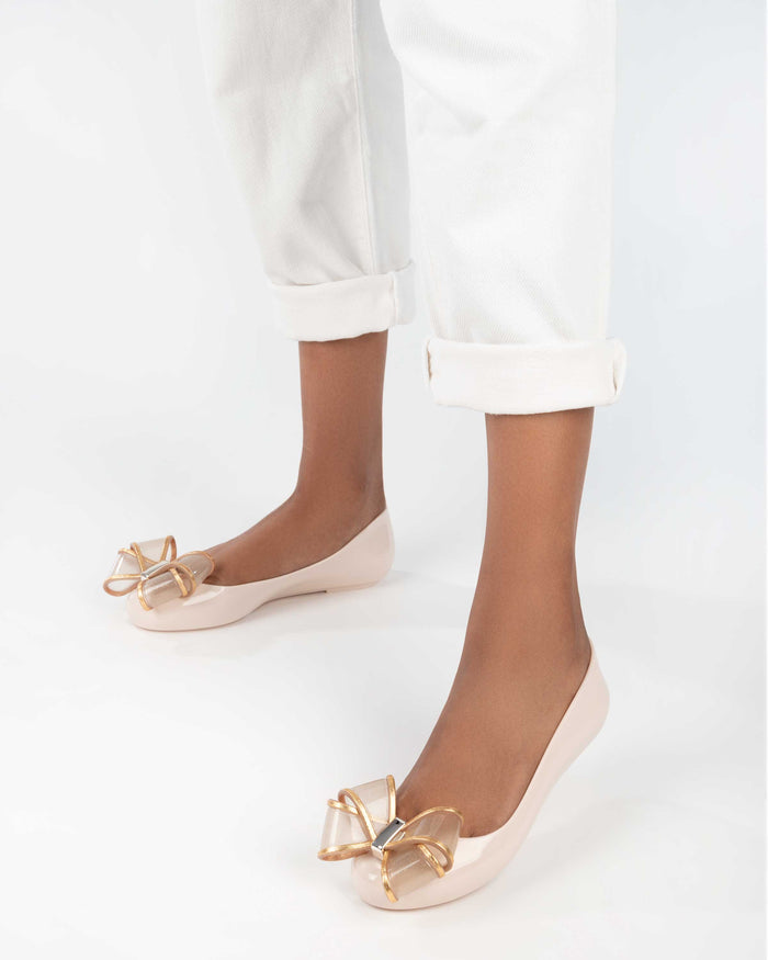 Melissa Sweet Love VI Beige Gold Ballerinas for Women – elegant beige ballerina flats with gold bow detail, comfortable and stylish footwear for daily and party wear