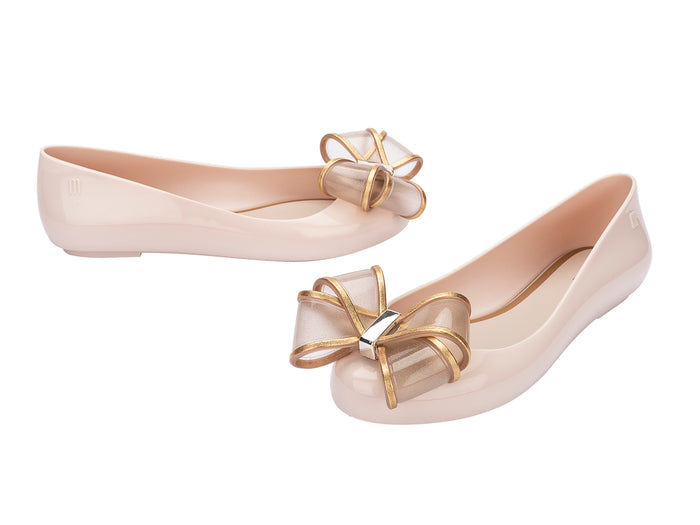 Melissa Sweet Love VI Beige Gold Ballerinas for Women – elegant beige ballerina flats with gold bow detail, comfortable and stylish footwear for daily and party wear