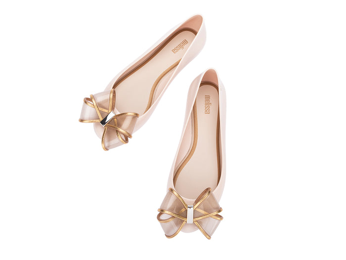 Melissa Sweet Love VI Beige Gold Ballerinas for Women – elegant beige ballerina flats with gold bow detail, comfortable and stylish footwear for daily and party wear
