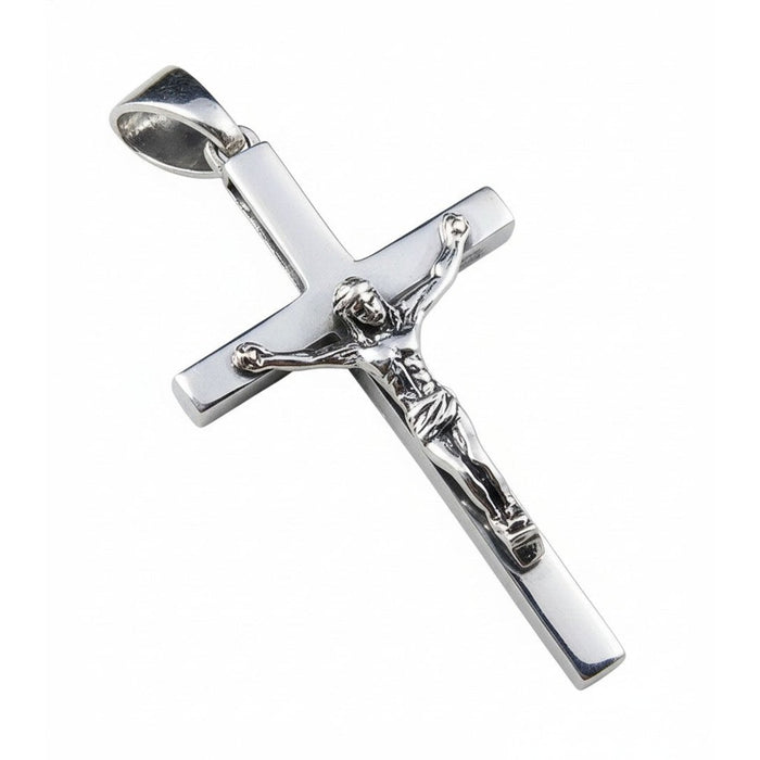 Angled view of solid 925 sterling silver crucifix pendant highlighting three-dimensional craftsmanship