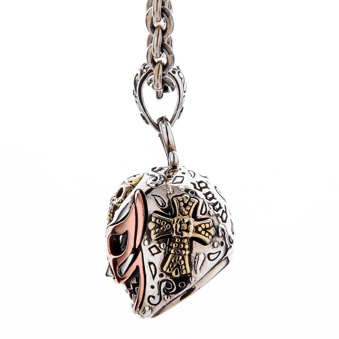 The gothic Luchador mask pendant shown on a sterling silver chain as a complete necklace.