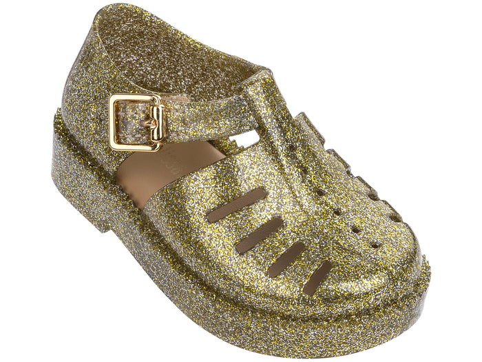 Mini Melissa Aranha 7916 Gold Glitter Buckle Sandal for Baby – Adorable and sparkly baby sandals with a secure buckle, perfect for parties and special moments.