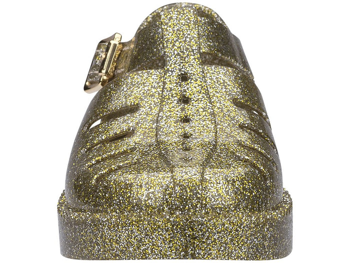 Mini Melissa Aranha 7916 Gold Glitter Buckle Sandal for Baby – Adorable and sparkly baby sandals with a secure buckle, perfect for parties and special moments.