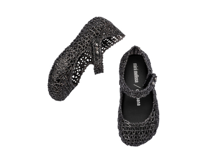 Mini Melissa Campana Papel StylIsh Glitter Black Ballerinas For Baby