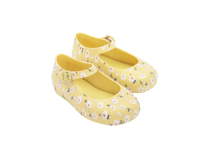 Mini Melissa Dora Floral Printed Yellow Ballerinas for Babies â€“ Adorable and comfortable baby ballerina shoes with a vibrant floral print, perfect for little feet.