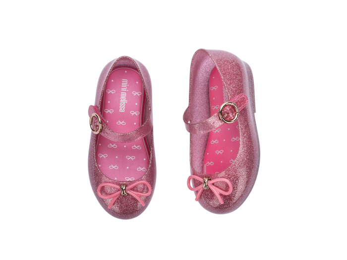 Mini Melissa Sweet Love Bow Applique Pink Glitter Sandal For Baby Girls