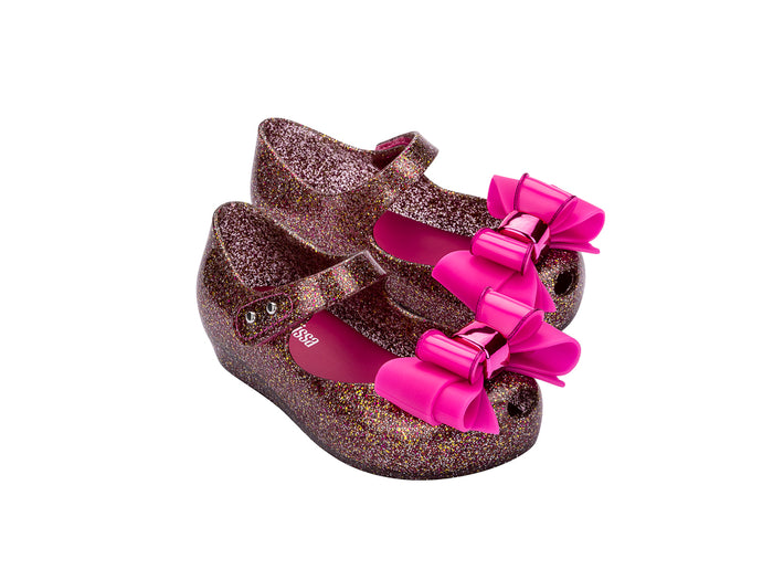 Mini Melissa Ultragirl Sweet IX Glitter Pink Ballerinas for Baby Girl - Sparkling and stylish pink ballerinas with a glitter finish and bow detail buy girls mini melissa shoes