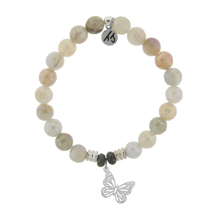 Moonstone Gemstone Bracelet with Butterfly Cutout Sterling Silver Charm T. Jazelle