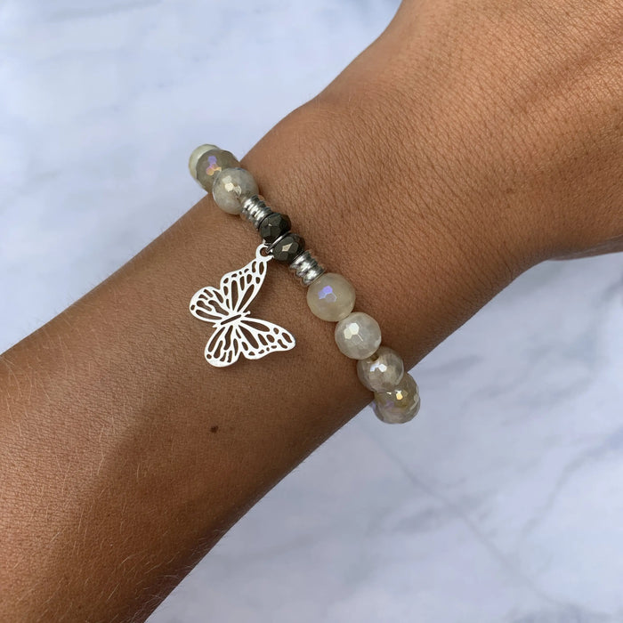 Moonstone Gemstone Bracelet with Butterfly Cutout Sterling Silver Charm T. Jazelle