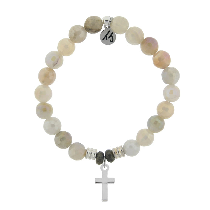 Moonstone Gemstone Bracelet with Cross Sterling Silver Charm T. Jazelle
