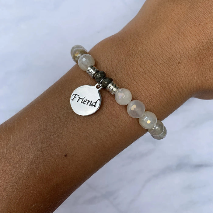 Moonstone Gemstone Bracelet with Friend Sterling Silver Charm T. Jazelle