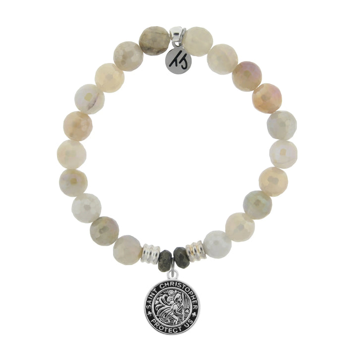 Moonstone Gemstone Bracelet with Saint Christopher Sterling Silver Charm T. Jazelle