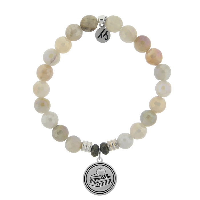 Moonstone Gemstone Bracelet with Teacher Sterling Silver Charm T. Jazelle
