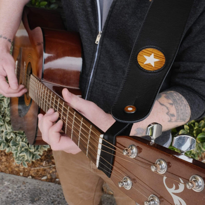 Thalia Leather Strap Tie Mother of Pearl & Exotic Wood | Leather Headstock Strap Tie