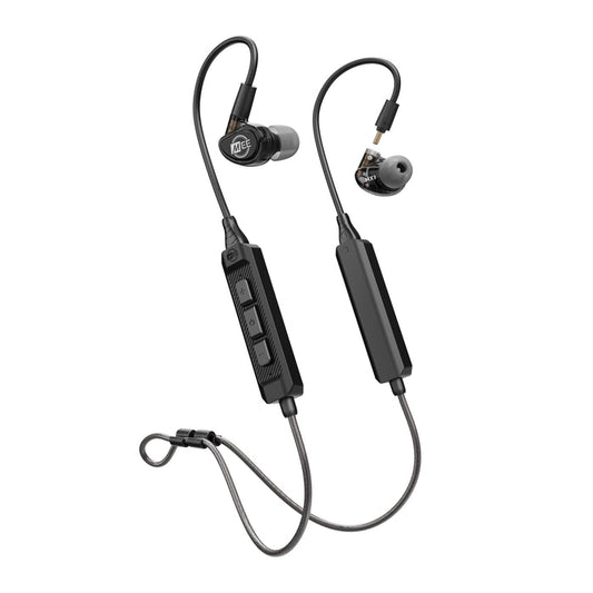Black MX1 PRO Musicians' In-Ear Monitors attached to a BT3 Hi-Res Bluetooth Audio Adapter w/aptX, LDAC