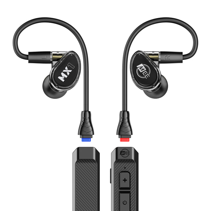 Black MX1 PRO In-ear monitors and a BT3 Bluetooth Adapter cable on a white background
