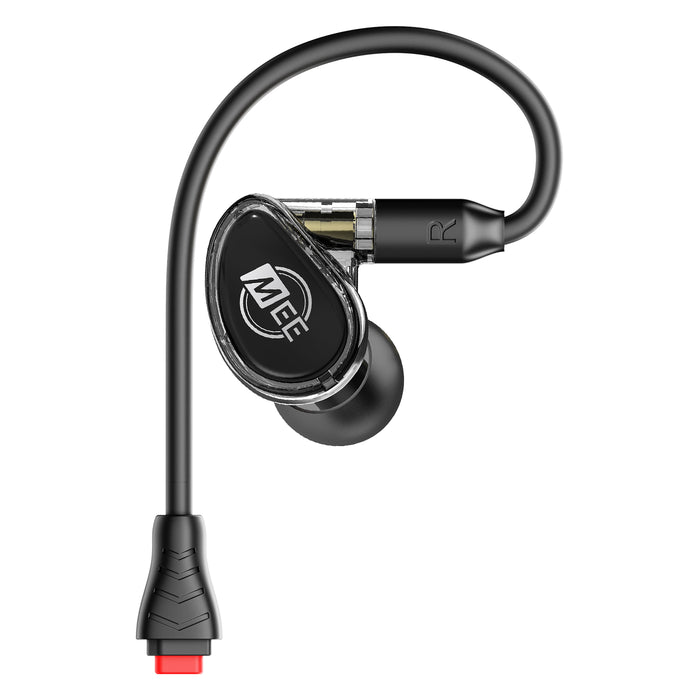 Black MXPRO In-Ear Monitor attach to a BT3 Bluetooth Adapter with DC Earpiece Connectors