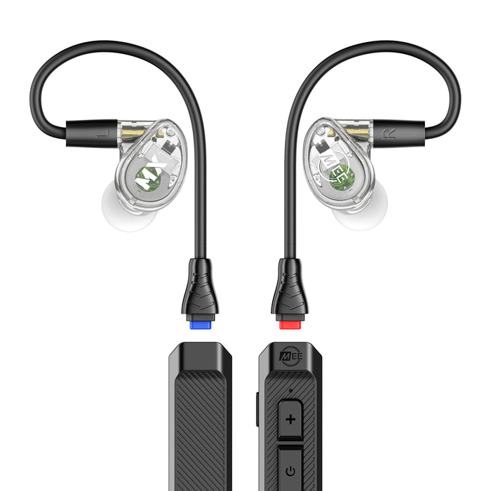 Clear MX1 PRO In-ear monitors and a BT3 Bluetooth Adapter cable on a white background