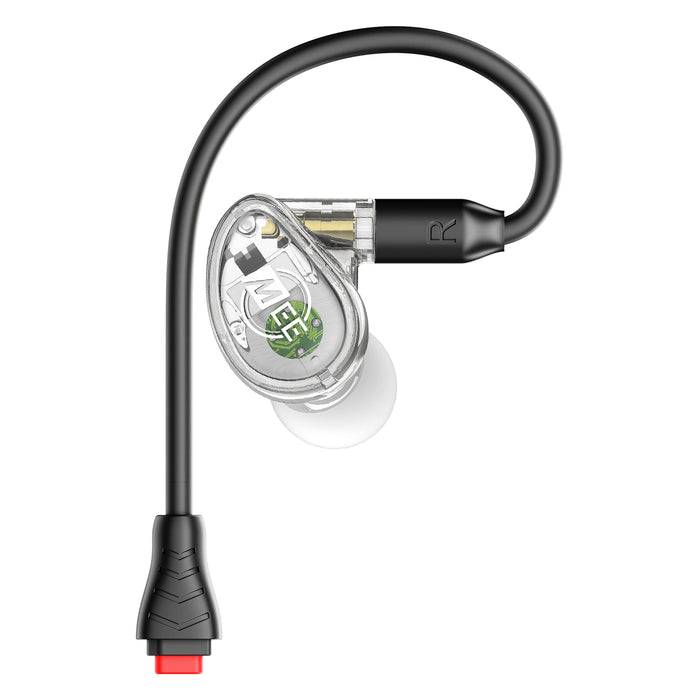 Clear MXPRO In-Ear Monitors attached to a BT3 Bluetooth Adapter with DC Earpiece Connectors