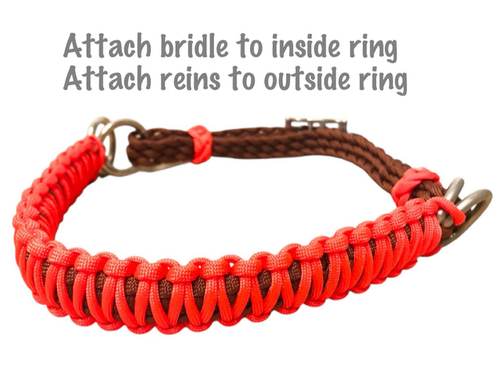 Neon orange side pull hackamore  bitless attachment.... with black or  brown chinstrap...all sizes