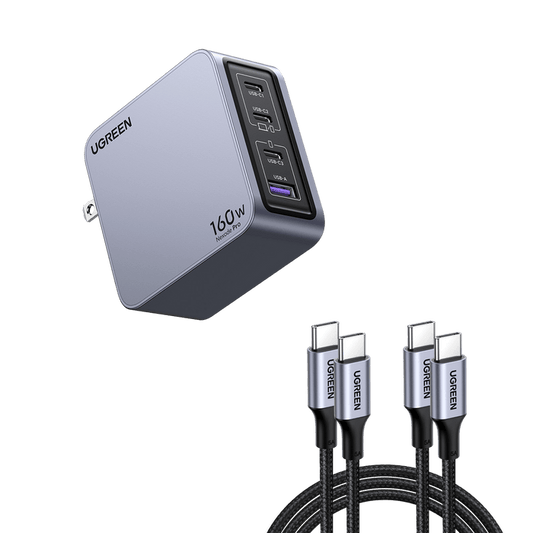 UGREEN  Nexode Pro 160W  in a sleek gray color, featuring 4 ports (USB-C1, USB-C2, USB-C3,USB-A) and two UGREEN USB-C cables with braided cords.