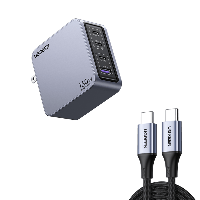 UGREEN  Nexode Pro 160W iphone charger in a sleek gray color, featuring 4 ports (USB-C1, USB-C2, USB-C3,USB-A) and  UGREEN USB-C cables with braided cords.