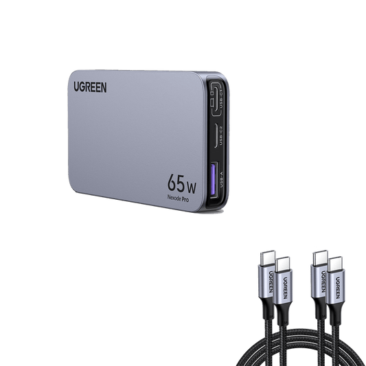 UGREEN  Nexode Pro 65w ultra iphone charger in a sleek gray color, featuring multiple ports (USB-C1, USB-C2, USB-A) and two UGREEN USB-C cables with braided cords.