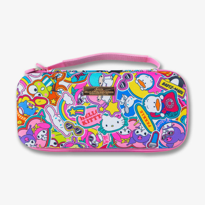 Close-up top-front of Nintendo Switch case showing Hello Kitty & Friends sticker print, pink fabric strap and gold Sonix logo on white background
