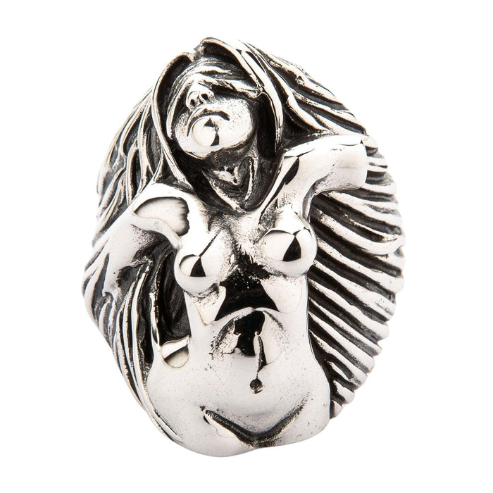An artistic nude lady ring in solid sterling silver, featuring a high-relief sculpture with intricate, flowing hair.