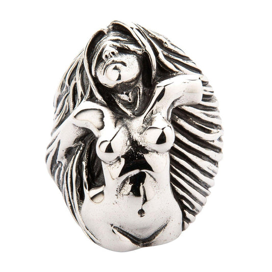 An artistic nude lady ring in solid sterling silver, featuring a high-relief sculpture with intricate, flowing hair.