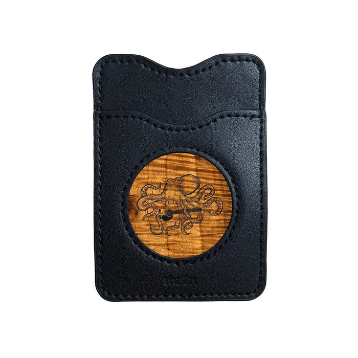 Thalia Phone Wallet Octopus Playing Guitar Engraving | Leather Phone Wallet AAA Curly Koa